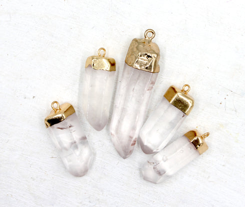 Clear Quartz Pendant, 35x10mm, Free Form Pendant, Gold Plated Brass, Sold As 1 Piece.